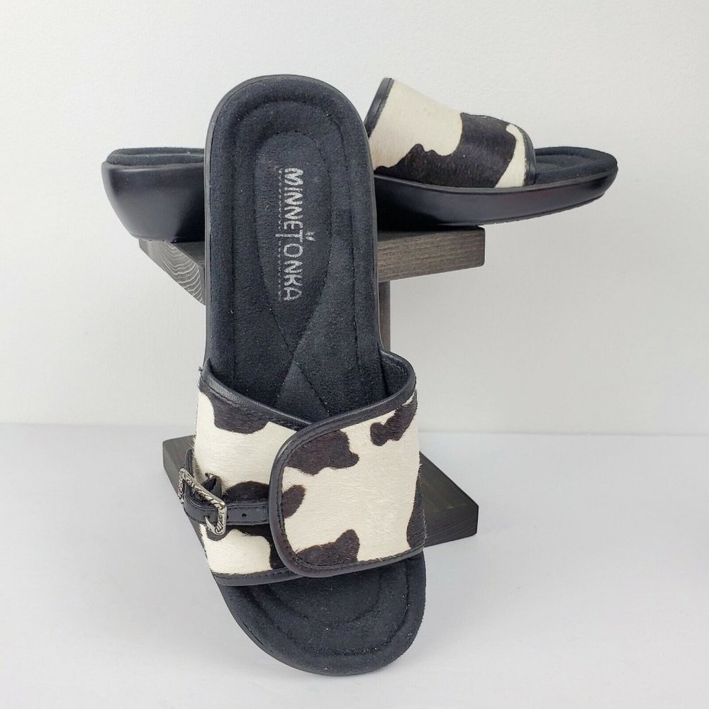 Minnetonka Women’s Calf Cow Hair Black & White Slip On Slides Sandals Sz 6 NWOB
